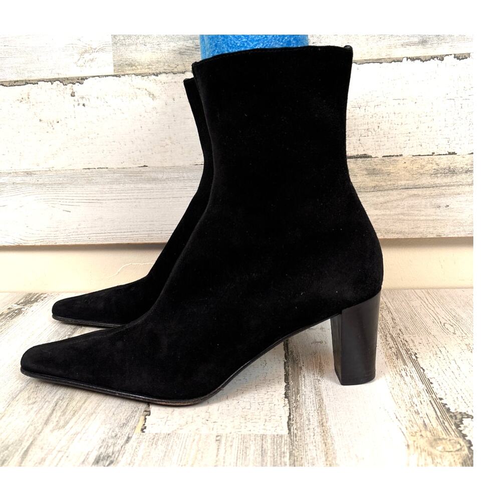 Aquatalia Womens 10 Black Suede Pointed Toe Heeled Lined Ankle Boots Italy Zip